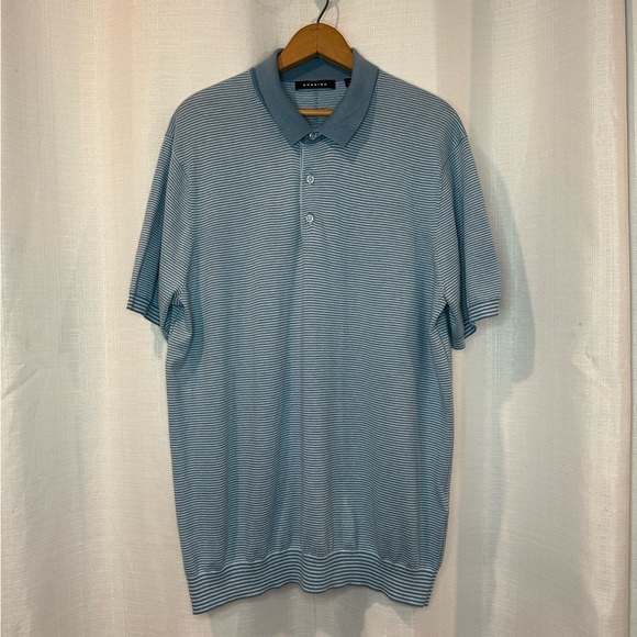 DUNNING Fairfield Short Sleeve Polo Sweater Cashmere Blue/Blue Shadow in Large - Picture 2 of 11